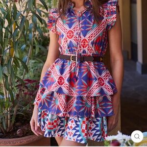 Ro’s Garden Bimba Woven Printed Split Tie Neck Flutter Sleeve Tiered Mini Dress